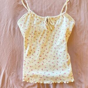 Brandy Melville cream and pink floral tank/cami top with lettuce trim, and crop
